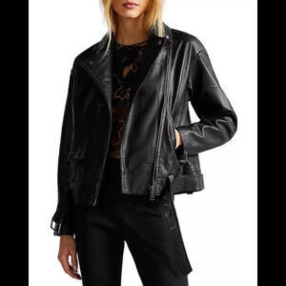 NEW, Ted Baker Tiano Oversized Leather Biker Jacket in Black- Size 3 US 8 /10 - Picture 3 of 7